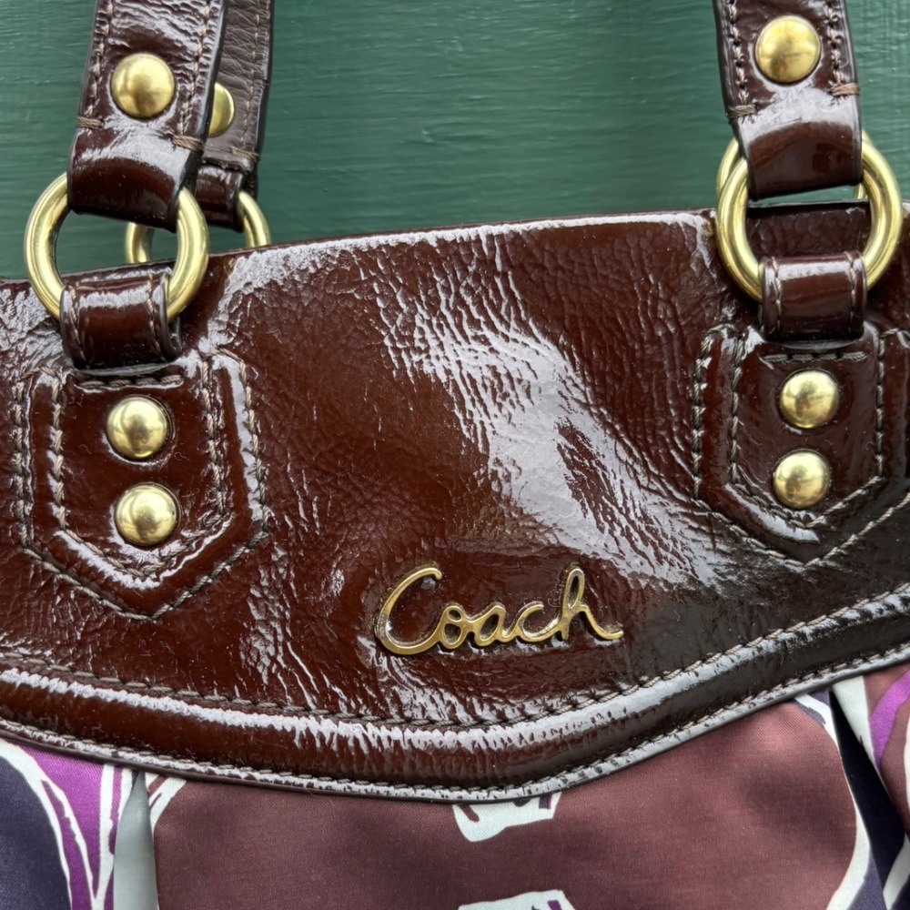 Coach Poppy Signature Sateen Applique Satchel Purple Orange Brown F20118 Womens - Picture 3 of 8